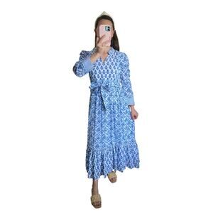 Madison Mathews Blue Block Print Tie Waist Maxi Dress Ruffle Tuckernuck Oliphant